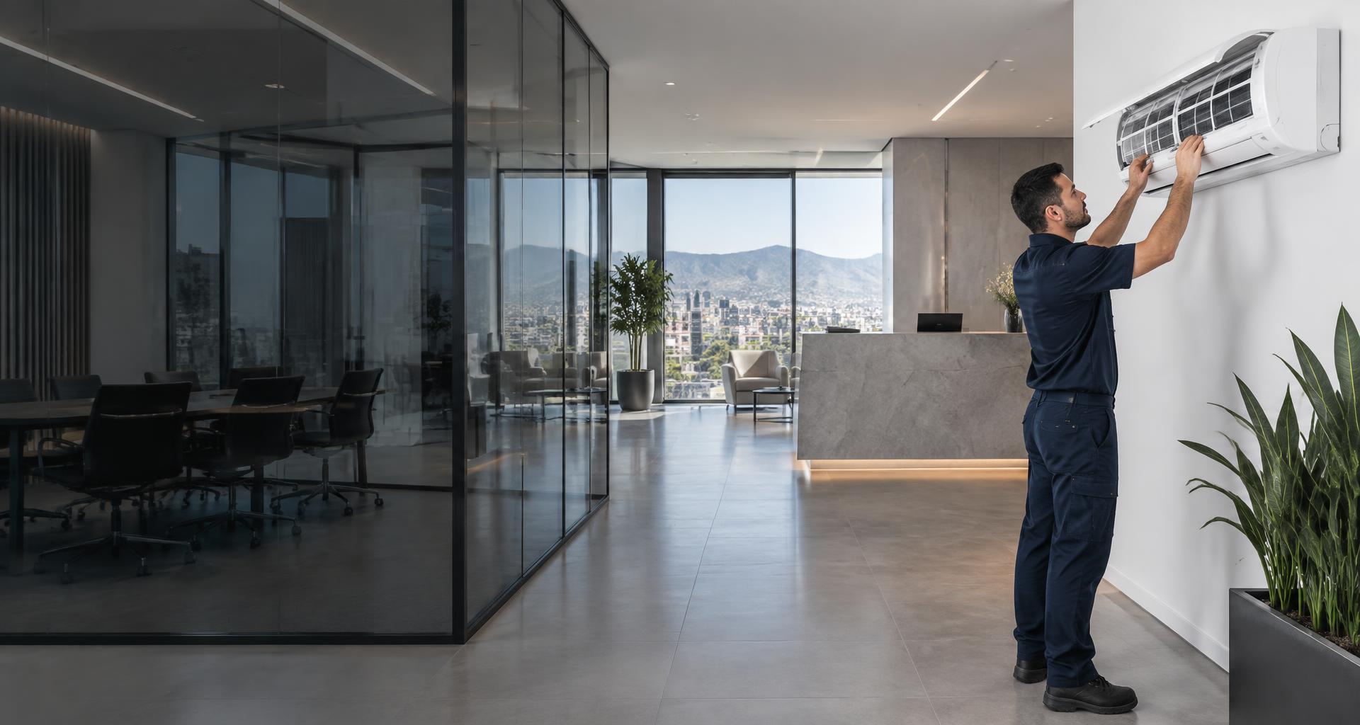 Técnico realizando mantenimiento de climatización en un espacio corporativo